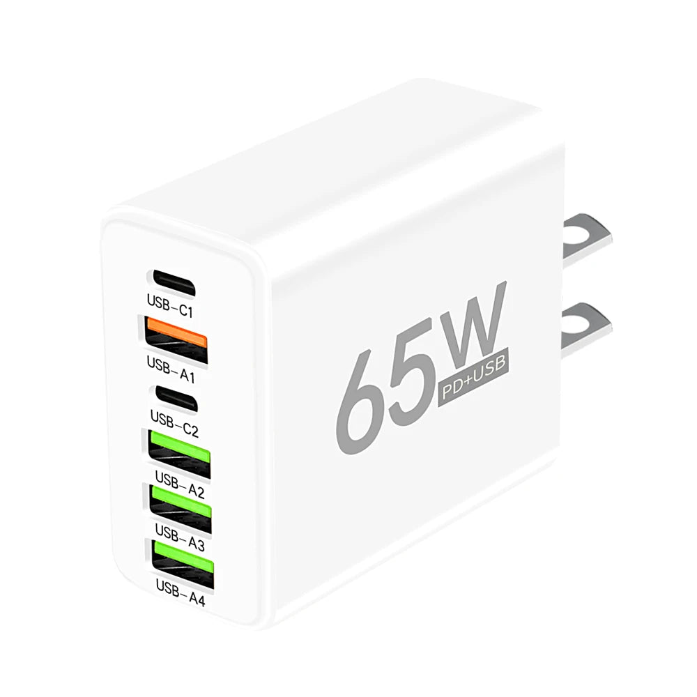 Cargador USB de Pared Rápido 65W con 6 Puertos (USB-C y QC3.0)