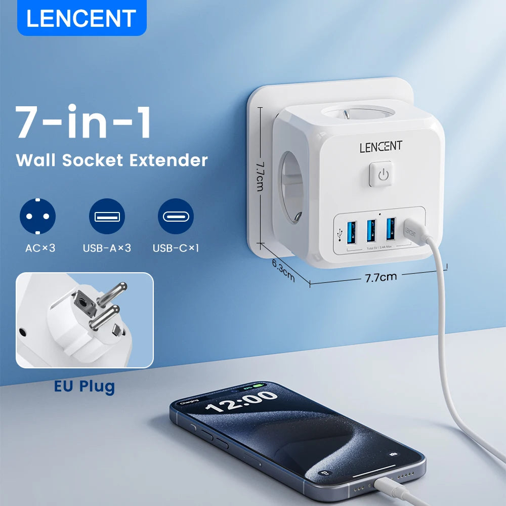 7-in-1 EU Wall Socket Extender with 3 AC Outlets, 3 USB Ports, 1 Type-C, and On/Off Switch for Home