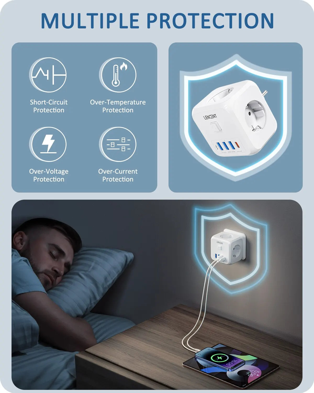 7-in-1 EU Wall Socket Extender with 3 AC Outlets, 3 USB Ports, 1 Type-C, and On/Off Switch for Home