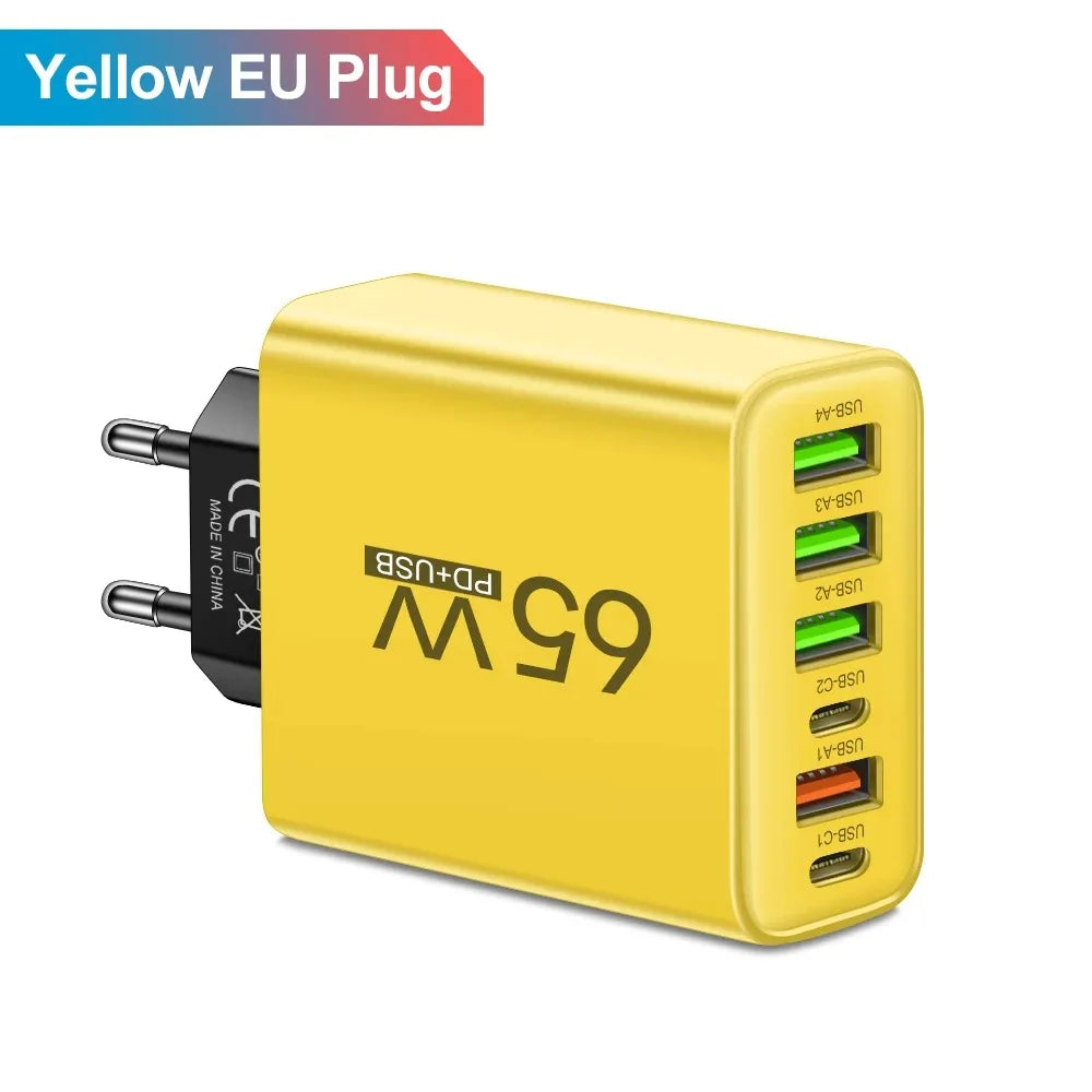 Cargador USB de Pared Rápido 65W con 6 Puertos (USB-C y QC3.0)