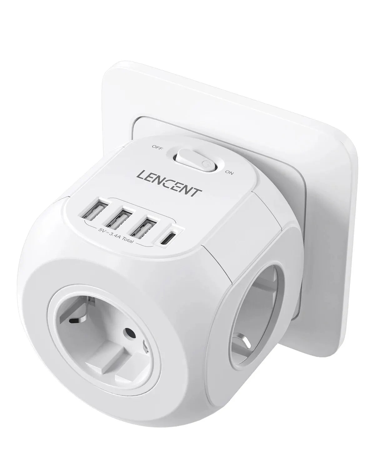 7-in-1 EU Wall Socket Extender with 3 AC Outlets, 3 USB Ports, 1 Type-C, and On/Off Switch for Home