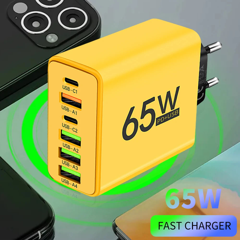 Cargador USB de Pared Rápido 65W con 6 Puertos (USB-C y QC3.0)