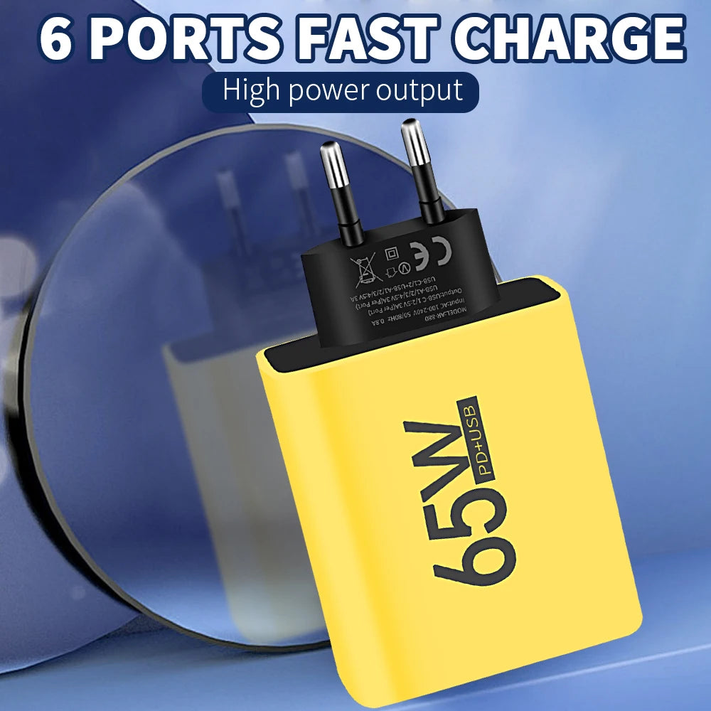 Cargador USB de Pared Rápido 65W con 6 Puertos (USB-C y QC3.0)