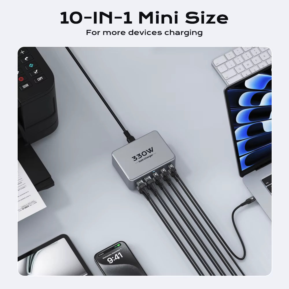 330W GaN USB-C Charger - 100W PD3.0, PPS, QC3.0, Multiport Fast Charging for iPhone 15/16, Samsung, MacBook Pro, Tablets
