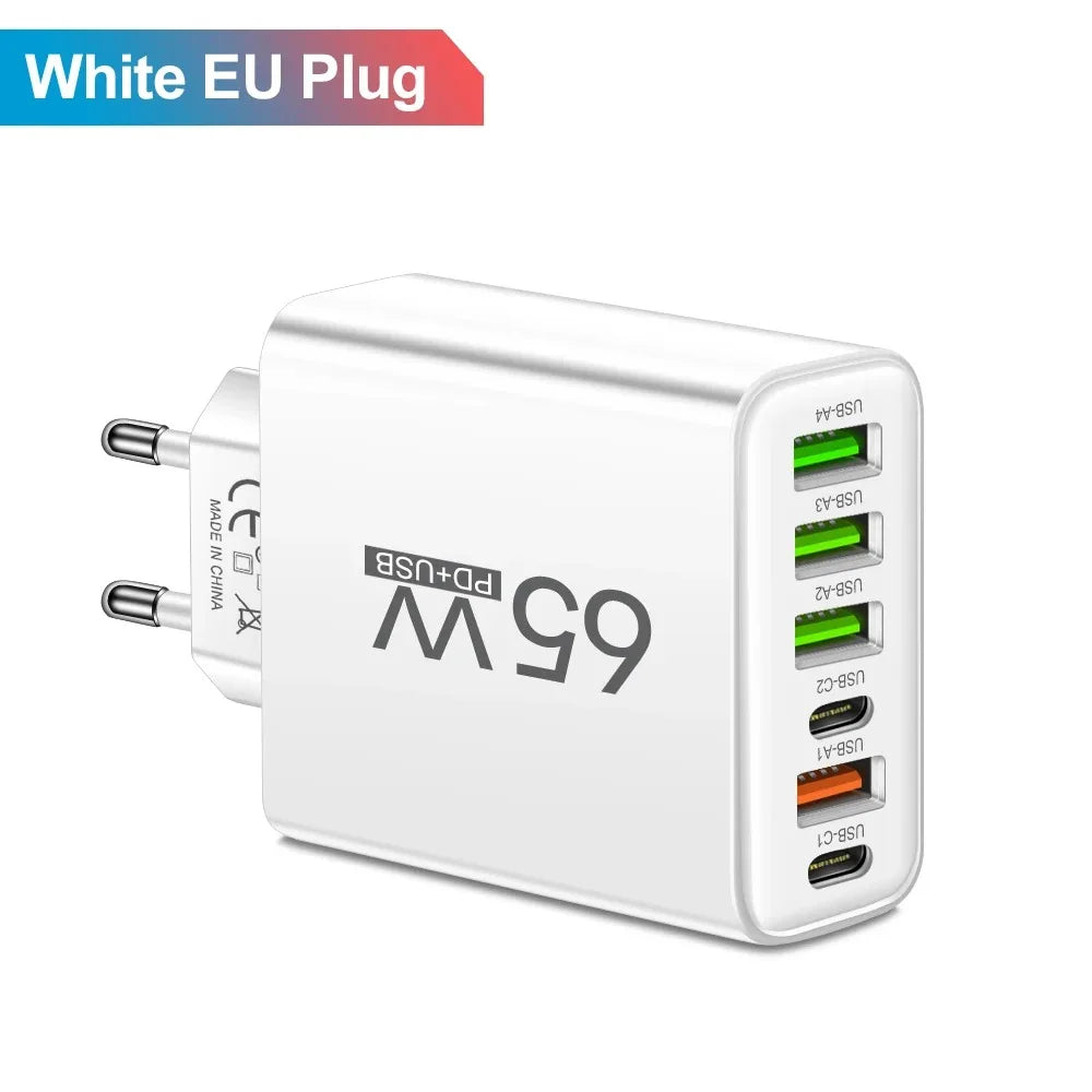 Cargador USB de Pared Rápido 65W con 6 Puertos (USB-C y QC3.0)