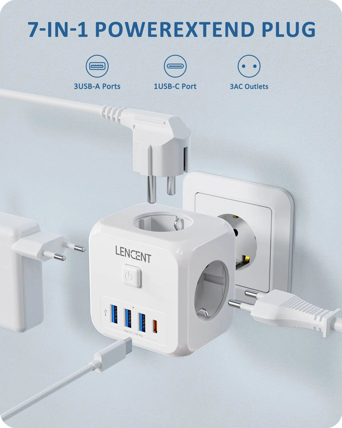 7-in-1 EU Wall Socket Extender with 3 AC Outlets, 3 USB Ports, 1 Type-C, and On/Off Switch for Home