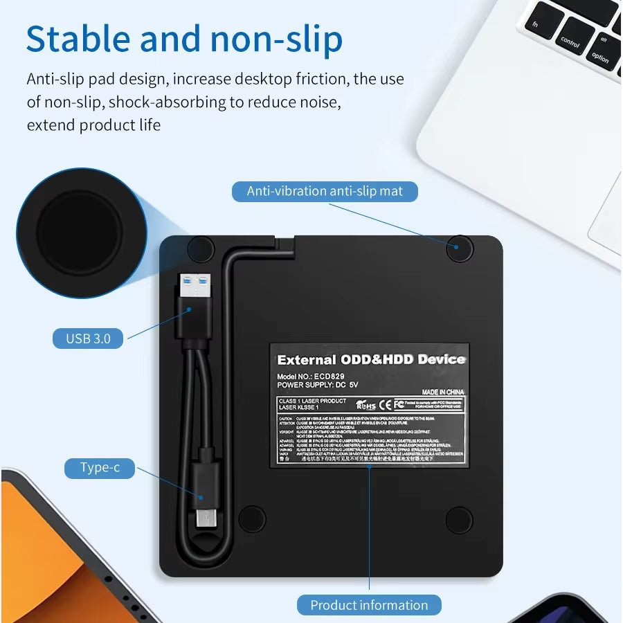 Lector y Grabador de DVD/CD USB 3.0 y Tipo C, Ultrafino para Laptop y PC