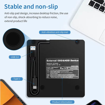 Lector y Grabador de DVD/CD USB 3.0 y Tipo C, Ultrafino para Laptop y PC