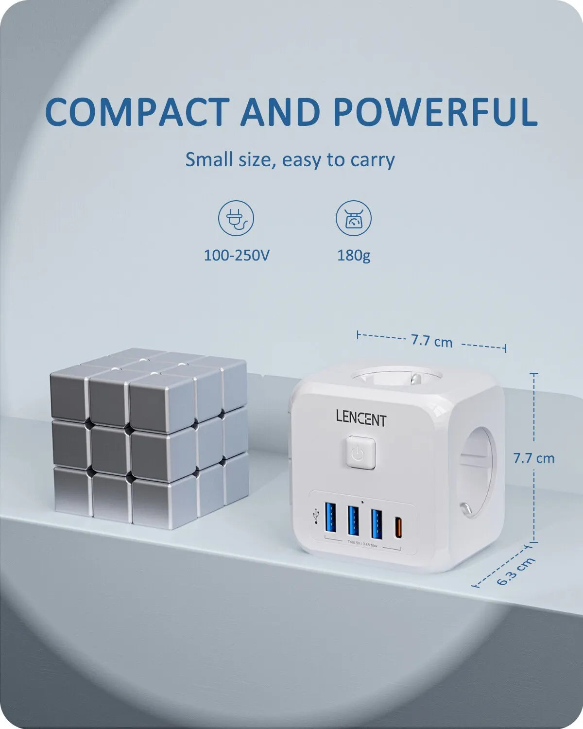 7-in-1 EU Wall Socket Extender with 3 AC Outlets, 3 USB Ports, 1 Type-C, and On/Off Switch for Home