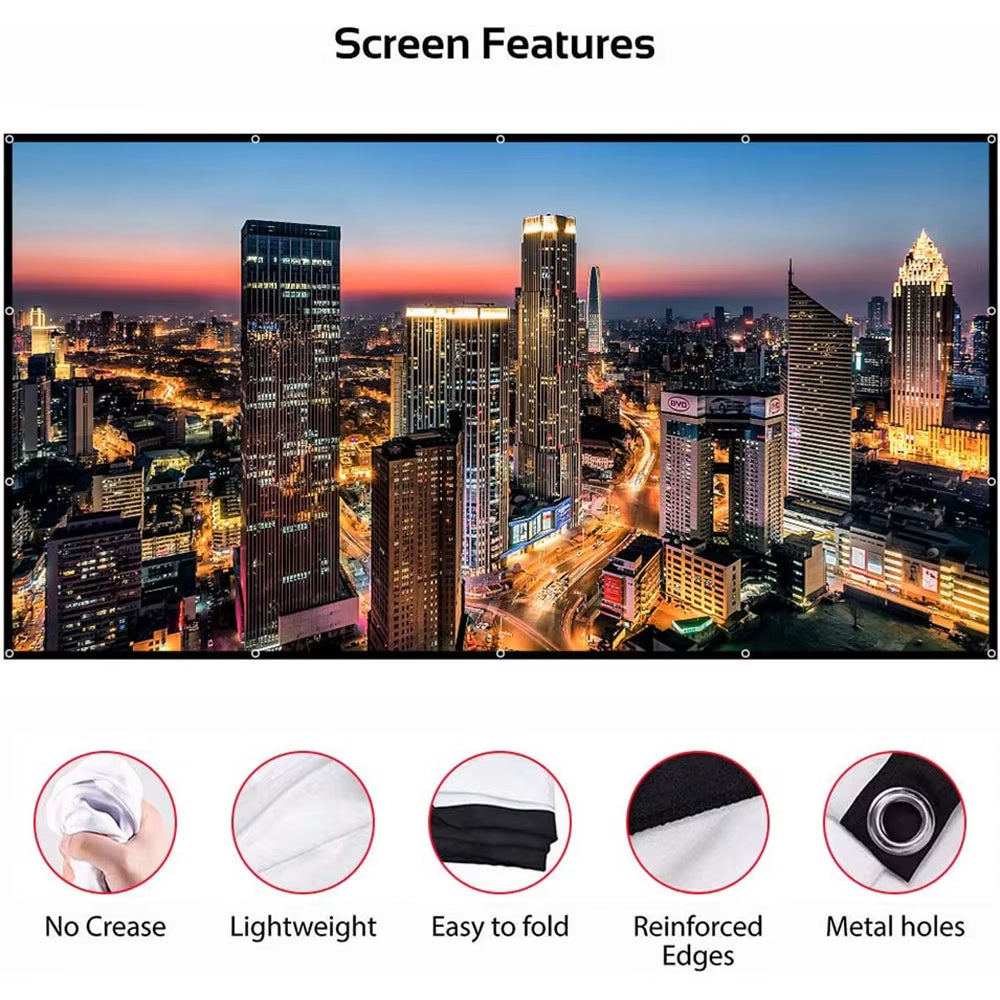 60-200" Portable Foldable Projector Screen - HD White, Crease-Free, 16:9, Indoor/Outdoor Use