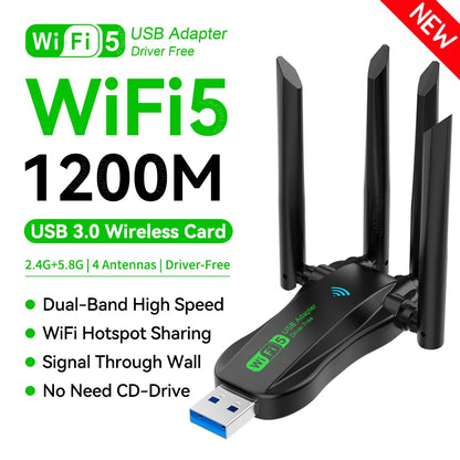 Adaptador WiFi USB 1200Mbps: Doble Banda (2.4G/5G) y de Alta Velocidad