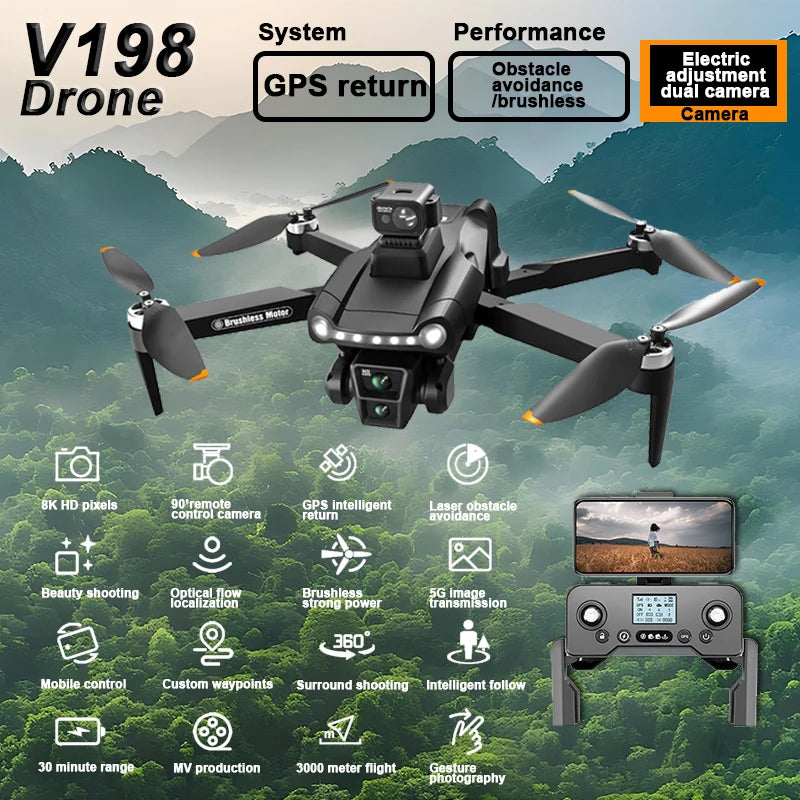 V198 GPS Drone: 8K HD Camera, Obstacle Avoidance, Foldable