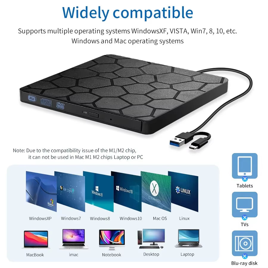 Lector y Grabador de DVD/CD USB 3.0 y Tipo C, Ultrafino para Laptop y PC