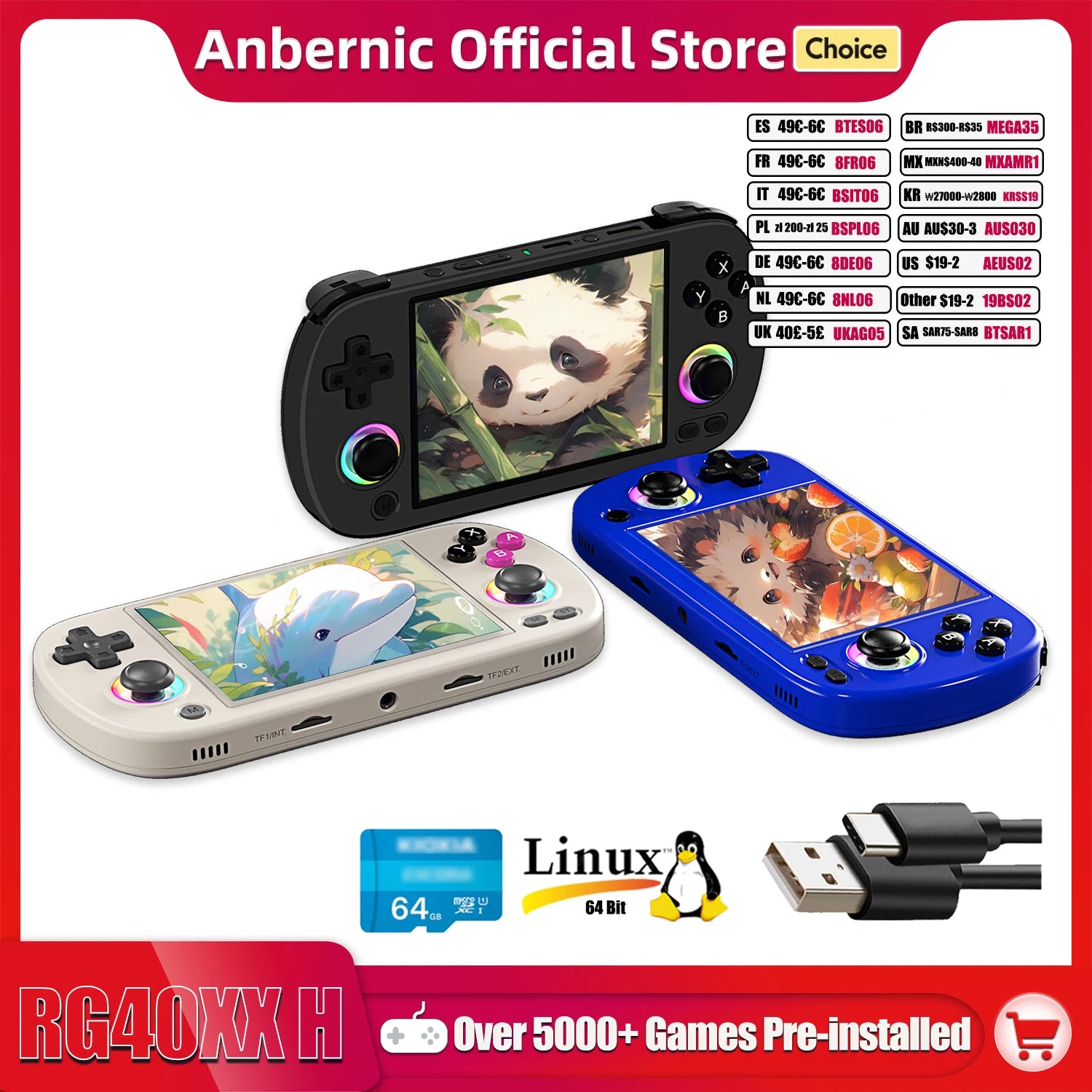 RG40XX H Handheld Game Console - 4" IPS Screen, 3200mAh, 64-Bit, 5K+ Games, RGB Light