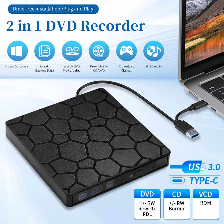 Lector y Grabador de DVD/CD USB 3.0 y Tipo C, Ultrafino para Laptop y PC