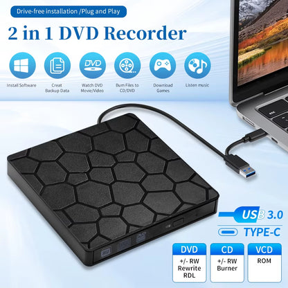 Lector y Grabador de DVD/CD USB 3.0 y Tipo C, Ultrafino para Laptop y PC