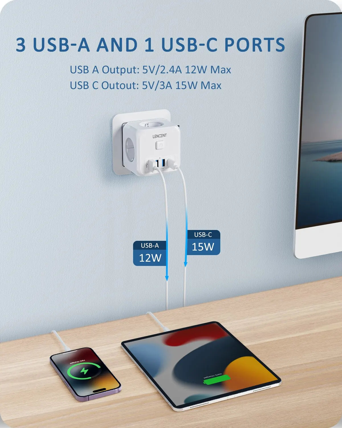 7-in-1 EU Wall Socket Extender with 3 AC Outlets, 3 USB Ports, 1 Type-C, and On/Off Switch for Home