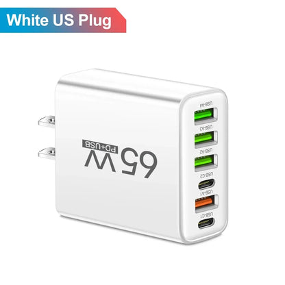 Cargador USB de Pared Rápido 65W con 6 Puertos (USB-C y QC3.0)