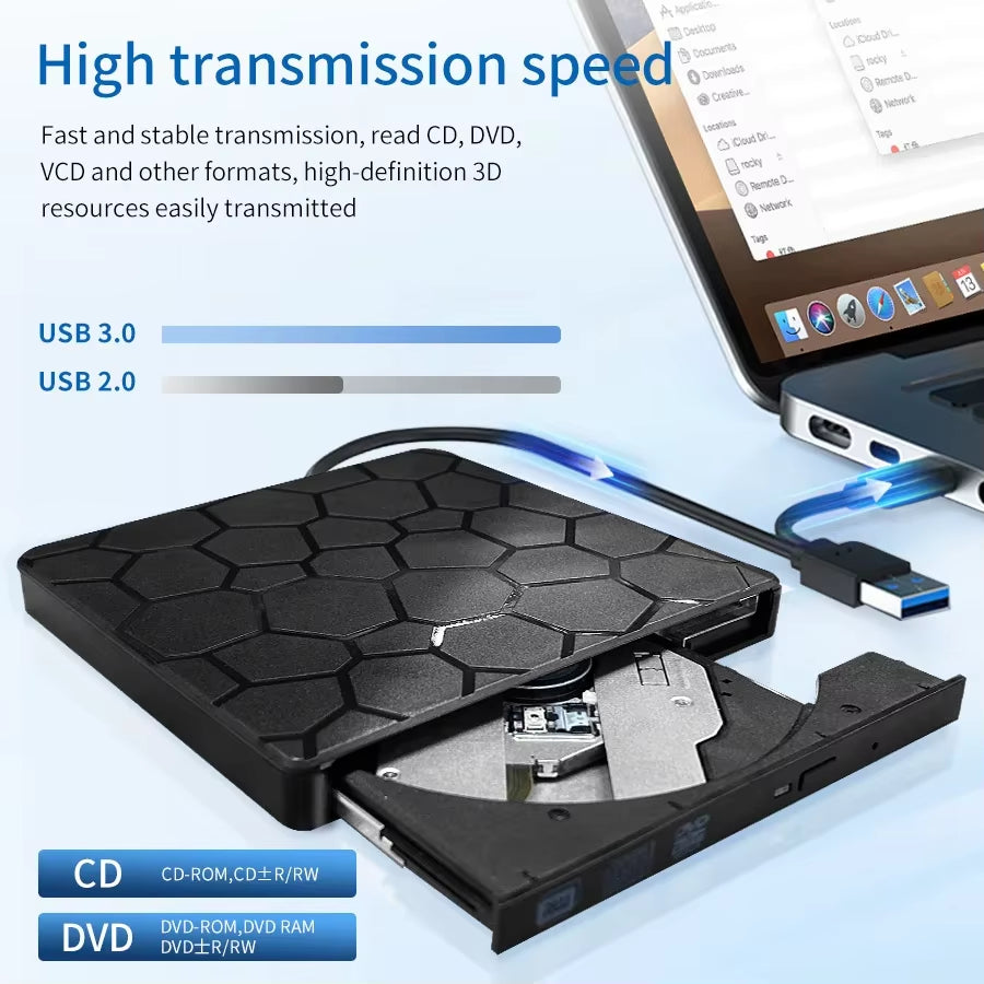 Lector y Grabador de DVD/CD USB 3.0 y Tipo C, Ultrafino para Laptop y PC