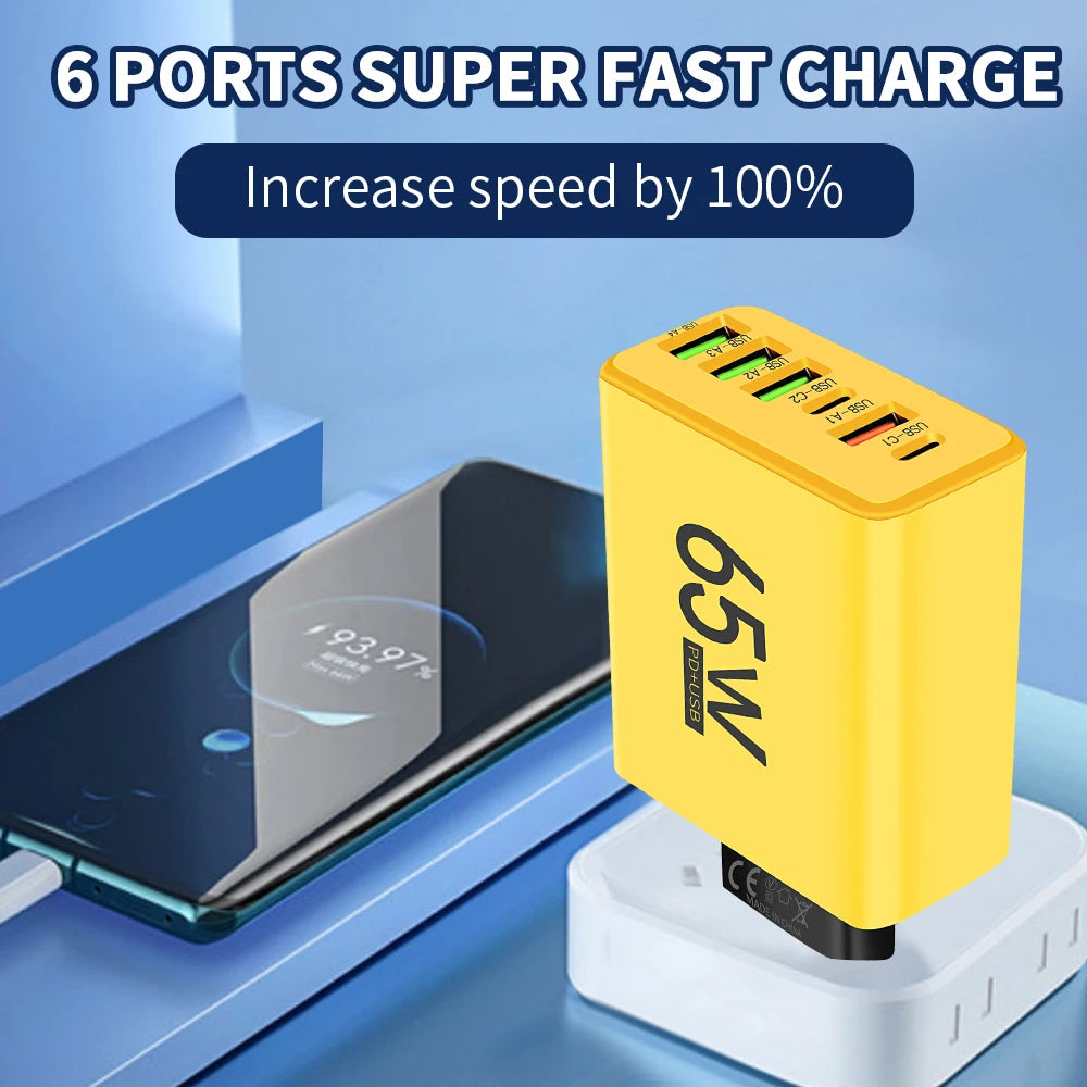 Cargador USB de Pared Rápido 65W con 6 Puertos (USB-C y QC3.0)
