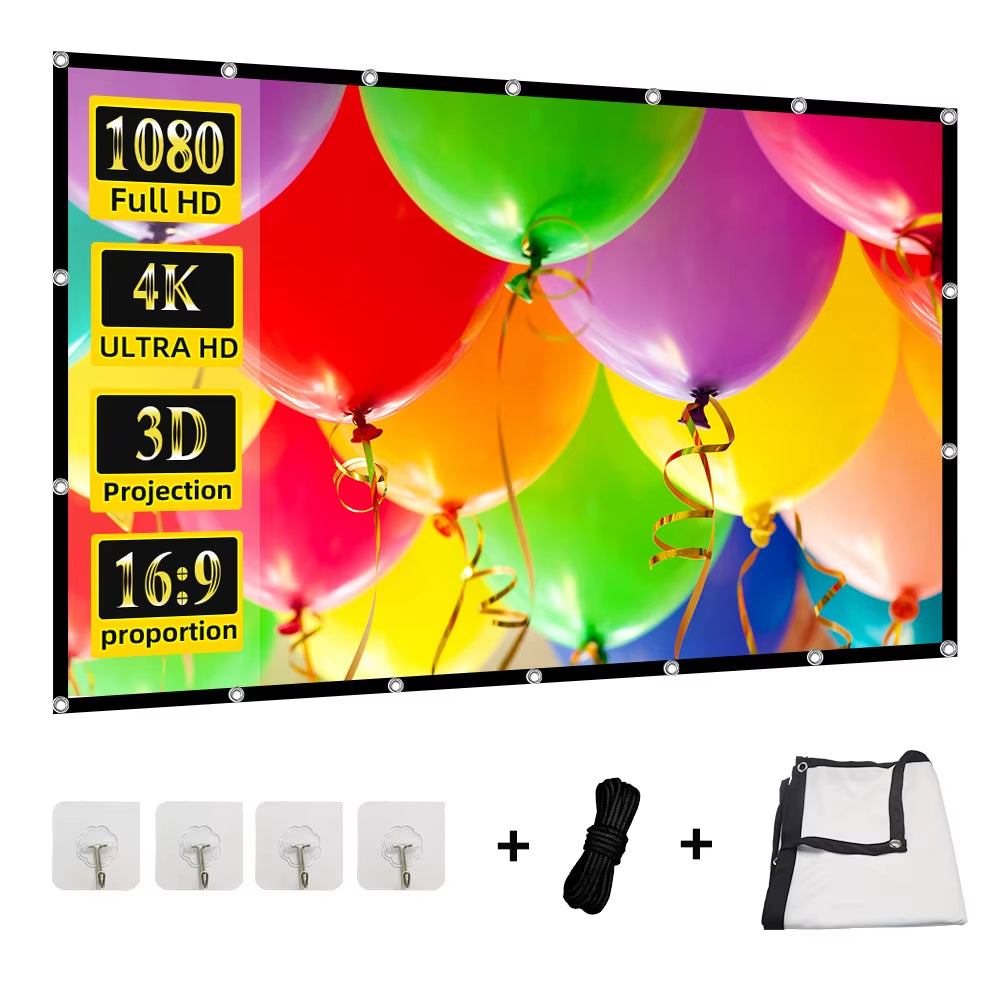 60-200" Portable Foldable Projector Screen - HD White, Crease-Free, 16:9, Indoor/Outdoor Use