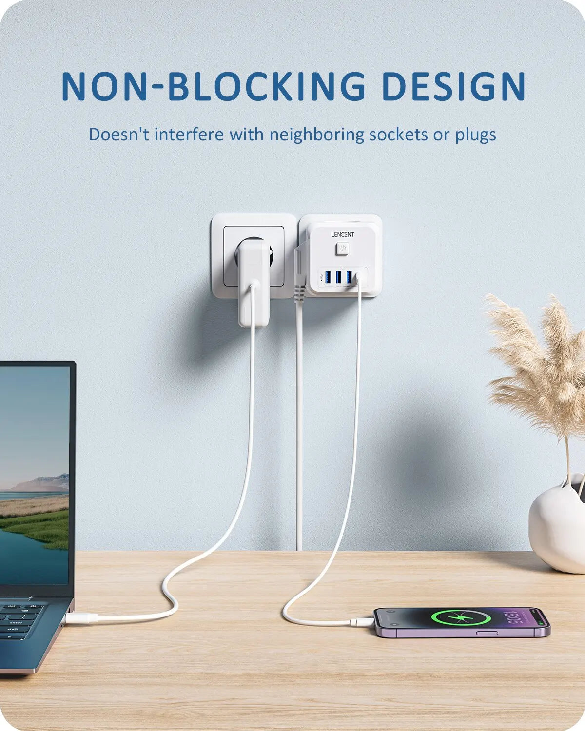 7-in-1 EU Wall Socket Extender with 3 AC Outlets, 3 USB Ports, 1 Type-C, and On/Off Switch for Home