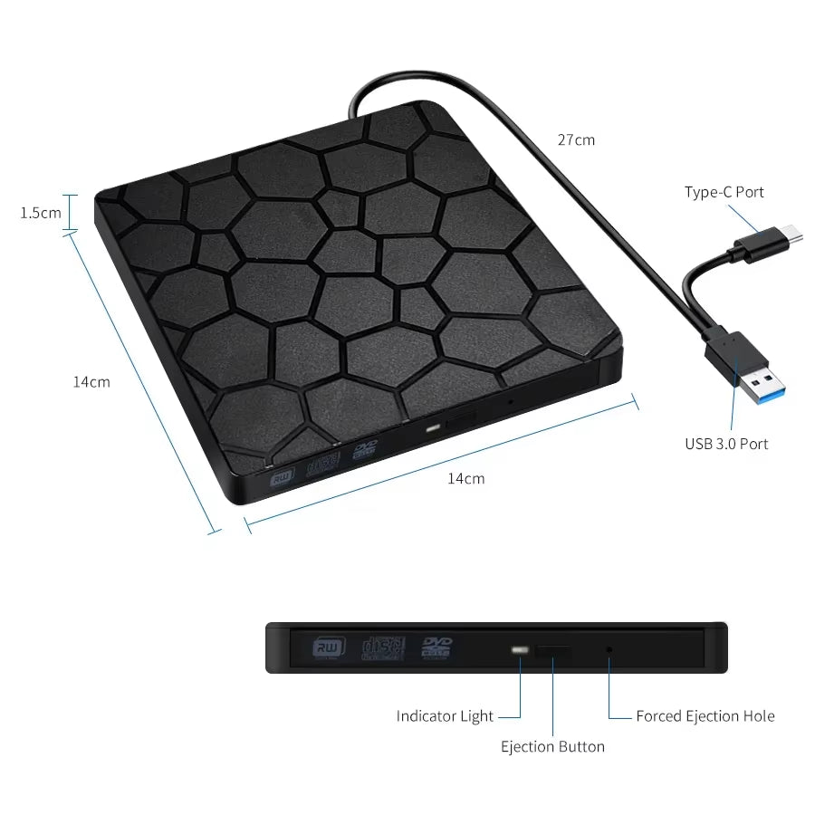 Lector y Grabador de DVD/CD USB 3.0 y Tipo C, Ultrafino para Laptop y PC