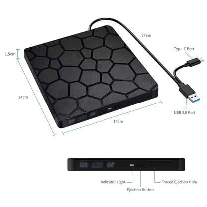 Lector y Grabador de DVD/CD USB 3.0 y Tipo C, Ultrafino para Laptop y PC