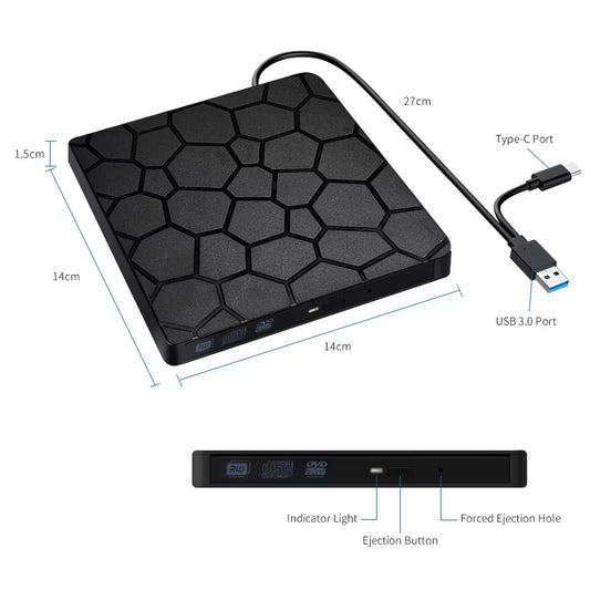 Lector y Grabador de DVD/CD USB 3.0 y Tipo C, Ultrafino para Laptop y PC