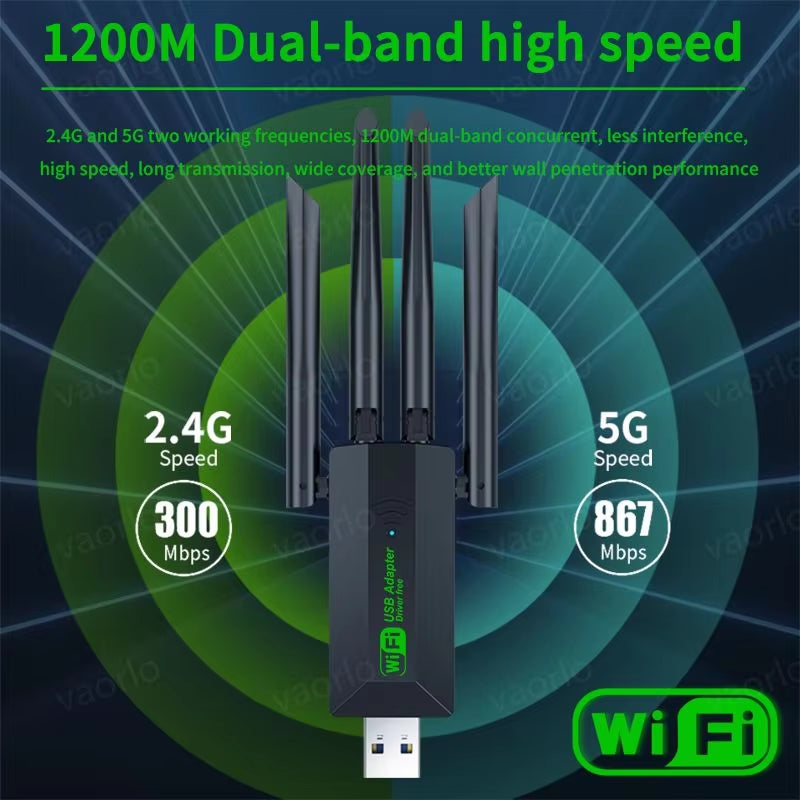 Adaptador WiFi USB 1200Mbps: Doble Banda (2.4G/5G) y de Alta Velocidad