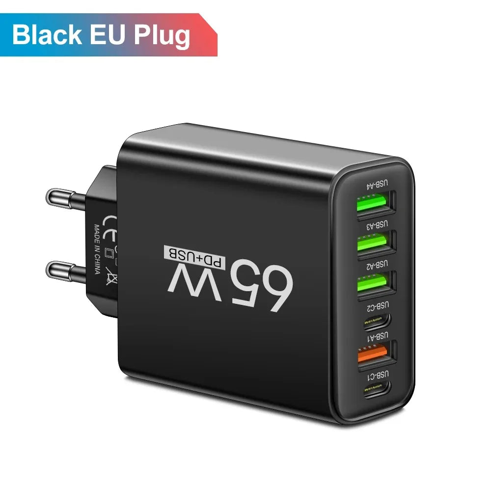Cargador USB de Pared Rápido 65W con 6 Puertos (USB-C y QC3.0)