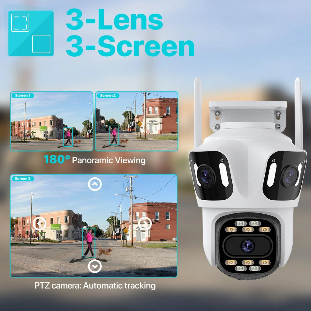 6K HD Outdoor PTZ IP Camera - Triple Lens, Auto-Tracking, 4K Dual-Lens, WiFi, Wireless CCTV Security Camera for iCSee