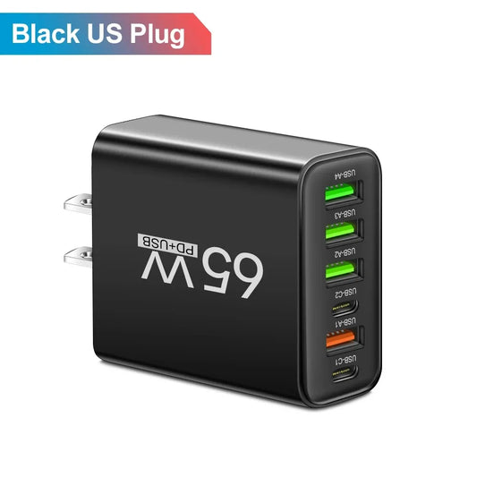 Cargador USB de Pared Rápido 65W con 6 Puertos (USB-C y QC3.0)