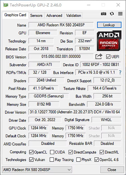 AMD RX 580 8GB GDDR5 256-Bit Gaming Graphics Card, PCI-E 3.0, Radeon GPU