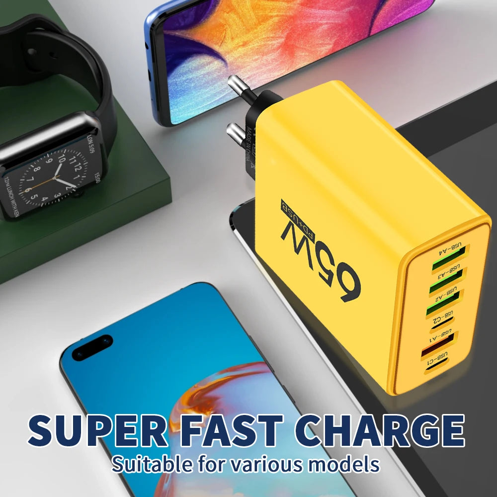 Cargador USB de Pared Rápido 65W con 6 Puertos (USB-C y QC3.0)